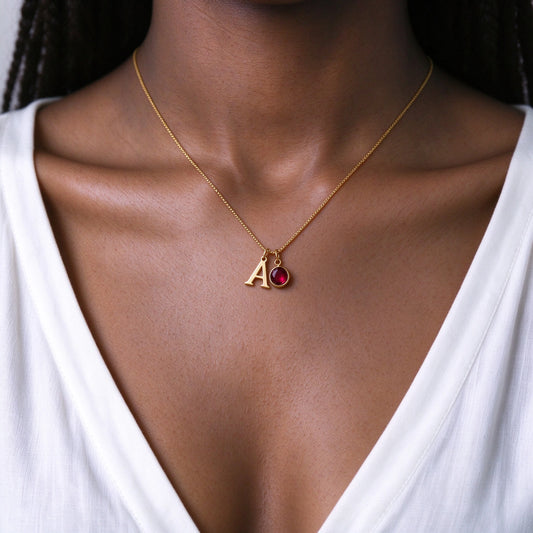 Personalized Initial & Birthstone Necklace, Gold Plated