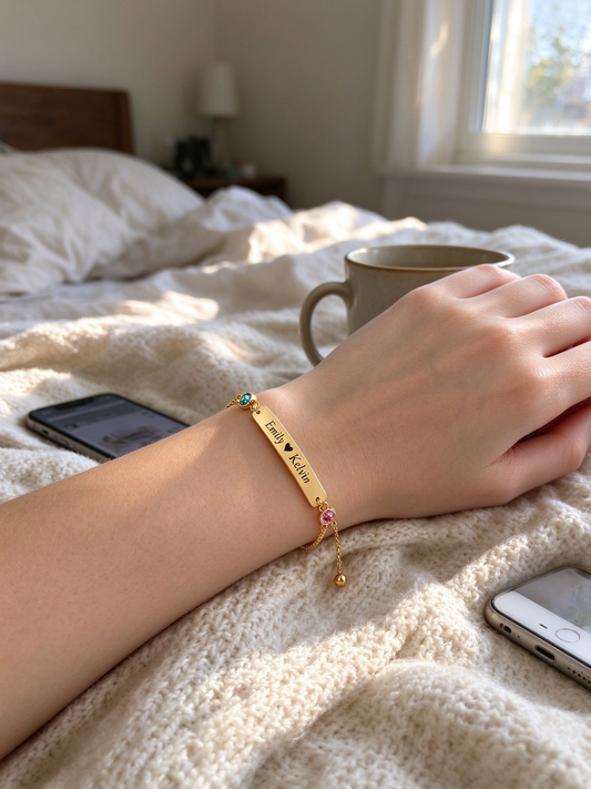 Couple Name Bracelet with Birthstones | Personalized Bolo Bracelet in Gold