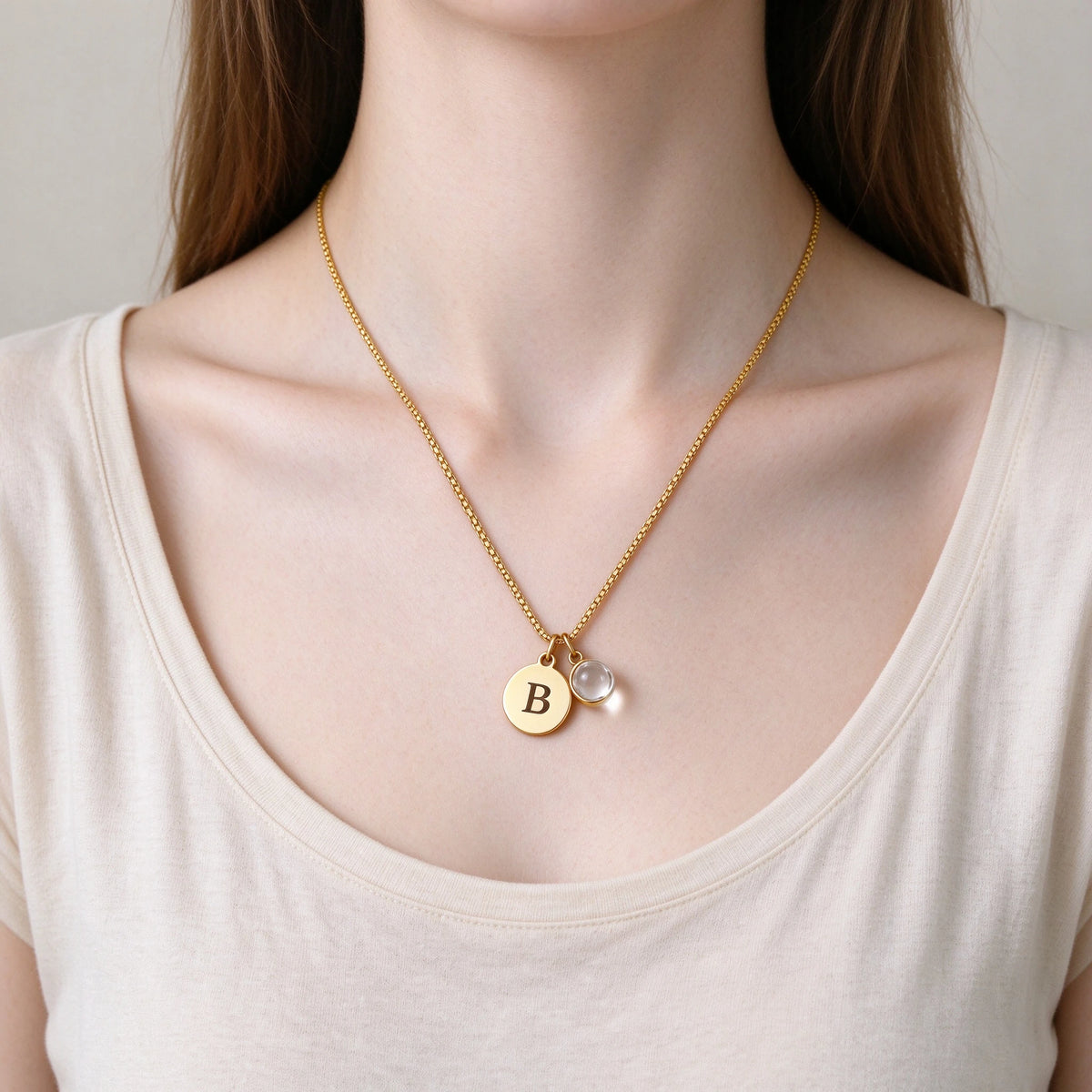 Initial Disc Necklace with Projection Crystal | Personalized Gold Necklace