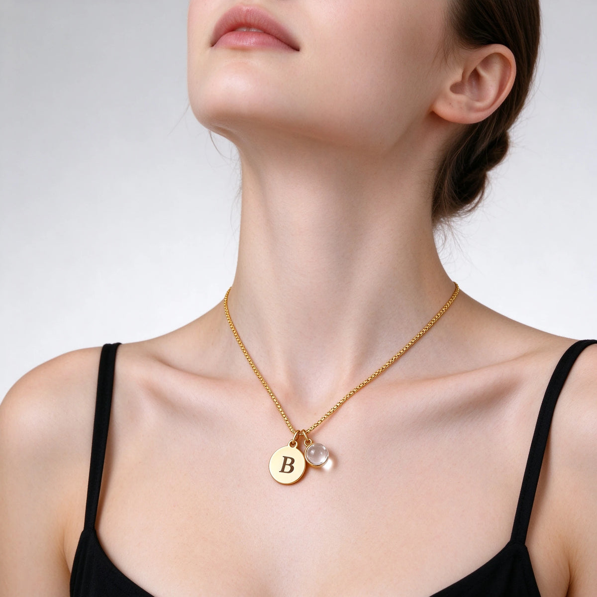 Initial Disc Necklace with Projection Crystal | Personalized Gold Necklace