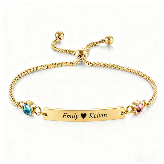 Couple Name Bracelet with Birthstones | Personalized Bolo Bracelet in Gold