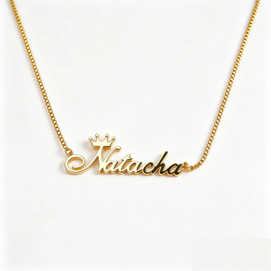 Custom Name Necklace with Crown, Gold Plated