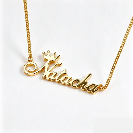 Custom Name Necklace with Crown, Gold Plated